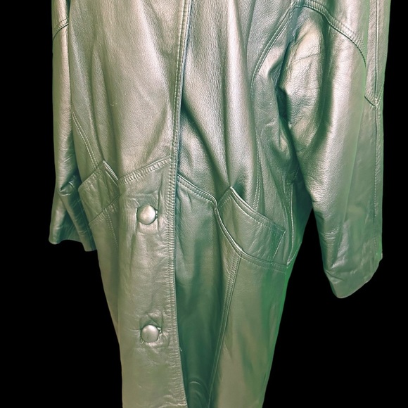 Synergy Vintage Y2K Forest Green 100% Leather Longline Button Front Coat Size L - Picture 4 of 16